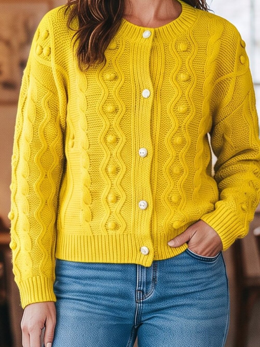 R.D. Style Yellow Cable Knit Button Cardigan